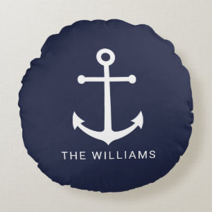 Coussins Ronds Ancre blanche marine et nom personnalisé sur bleu