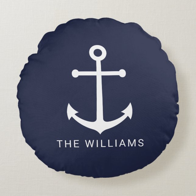 Coussins Ronds Ancre blanche marine et nom personnalisé sur bleu  (Devant)