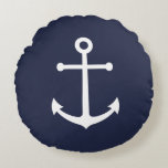Coussins Ronds Ancre bleue marine<br><div class="desc">Coussin ronde minimaliste moderne avec ancre blanche sur arrière - plan bleu marine.

Parfait comme décor de maison de plage,  cadeau de ménage et plus encore.</div>