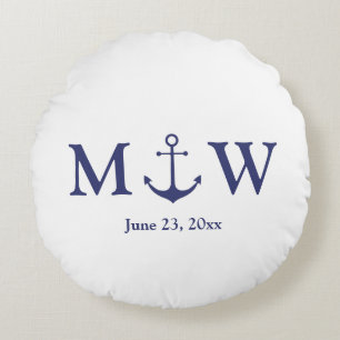 Coussins Ronds ancre nautique mariage marine bleu blanc monogramm