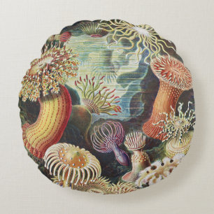 Coussins Ronds Anémones de mer de Haeckel Collage d'art de vie ma