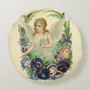 Coussins Ronds Ange de Pâques victorien avec fleurs de pensée vio