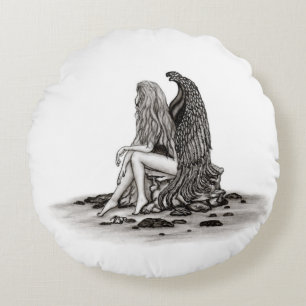 Coussins Ronds Angel, perdu dans la pensée, noir et blanc Design
