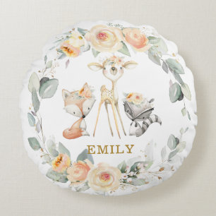 Coussins Ronds Animaux boisés mignons Jaune Flore verte