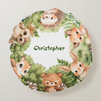 Coussins Ronds Animaux de la forêt aquarelle personnalisés pour b