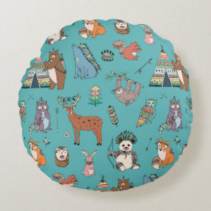 Coussins Ronds Animaux tribaux : motif forestier.