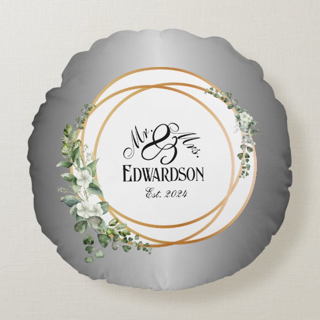 Coussins Ronds Anneaux Romantiques Dorés et Floraux pour l'Annive (Devant)