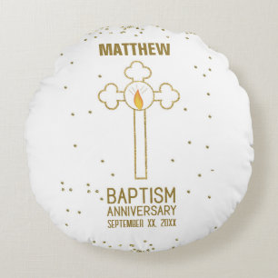 Coussins Ronds Anniversaire du Baptême Croix d'or personnalisée