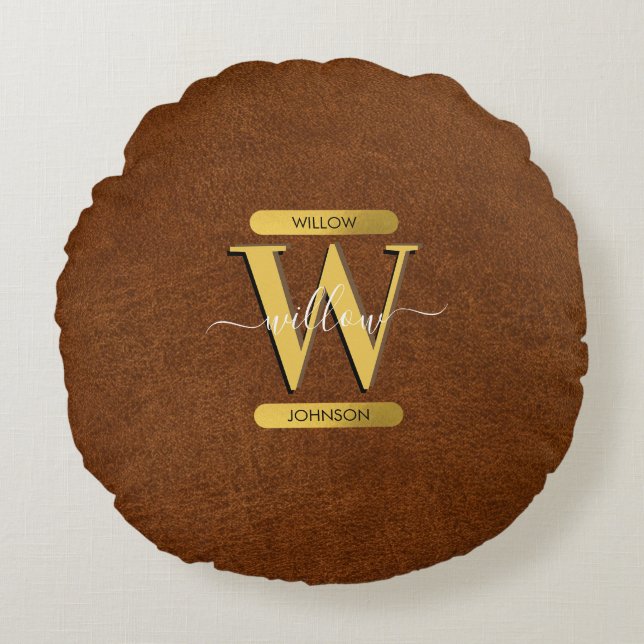 Coussins Ronds Antique Faux Cuir & Or Monogramme (Devant)
