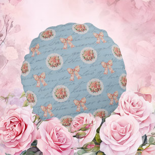 Coussins Ronds Antique Lettres Vintages Roses Toile Bows