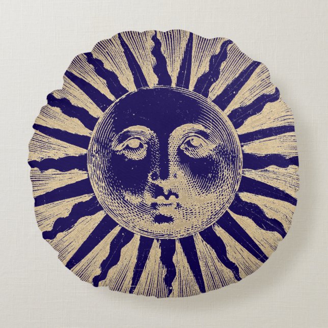 Coussins Ronds Antique Vintage Gold Blue Sun Face (Devant)