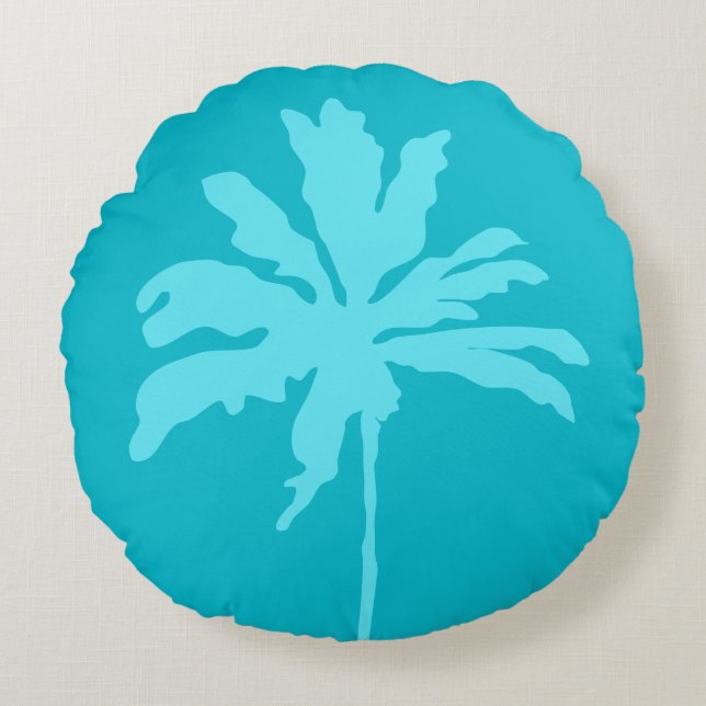 Coussins Ronds Aqua Blue Moderne Tropical Palm Tree Summer Home (Devant)