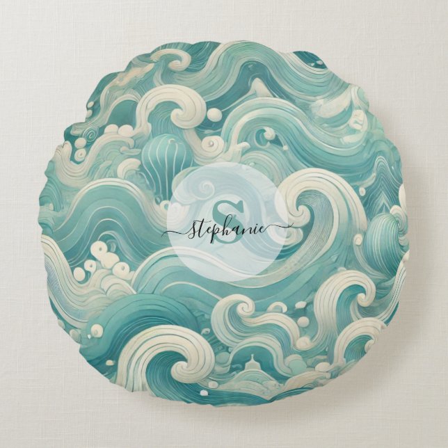 Coussins Ronds Aqua Blue & White Wave Abstraite - Art moderne Flu (Devant)