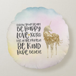 Coussins Ronds Aqua Jaune Rose Licorne Inspirationnelle Aquarelle