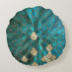 Coussins Ronds Aqua vert Mermaidscale avec parties scintillant or