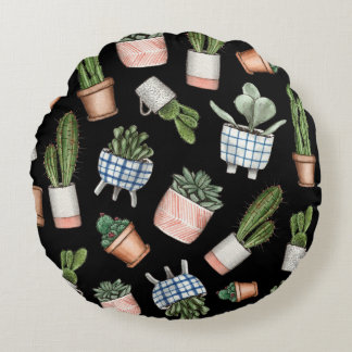 Coussins Ronds Aquarelle Accueil Plante Noir sans couture