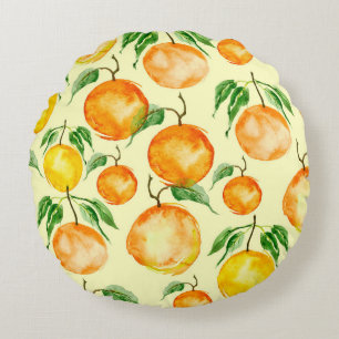 Coussins Ronds Aquarelle agrumes, motif tropical.