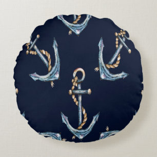Coussins Ronds Aquarelle Ancres Bleu Nuit