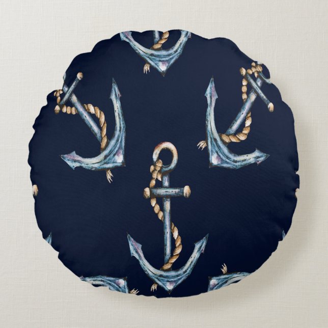 Coussins Ronds Aquarelle Ancres Bleu Nuit (Devant)