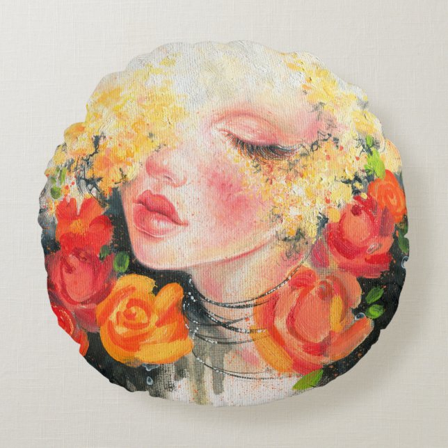 Coussins Ronds Aquarelle belle femme et fleurs (Devant)