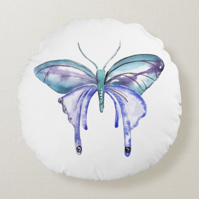 Coussins Ronds aquarelle bleu bleu pourpre papillon (Devant)
