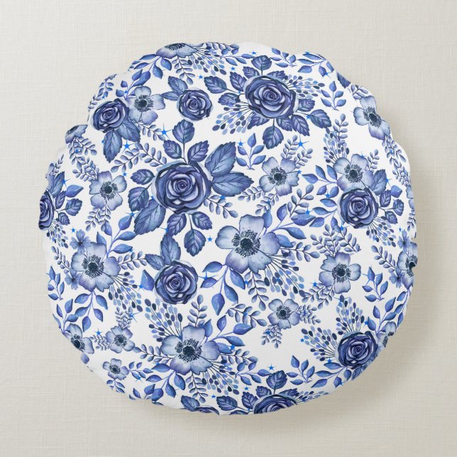 Coussins Ronds Aquarelle bleu motif floral (Devant)