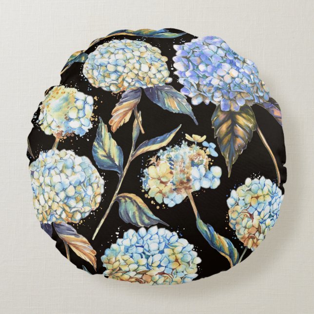Coussins Ronds Aquarelle Blue Hydrangea : Motif foncé sans couleu (Devant)