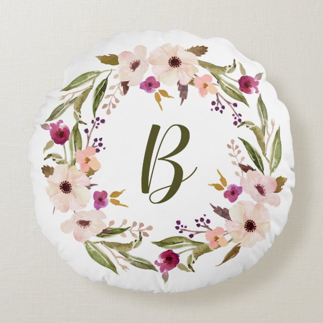 Coussins Ronds Aquarelle Bohème Floral Wreath Monogramme (Devant)