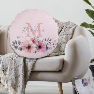 Coussins Ronds Aquarelle botanique chic rose pâle