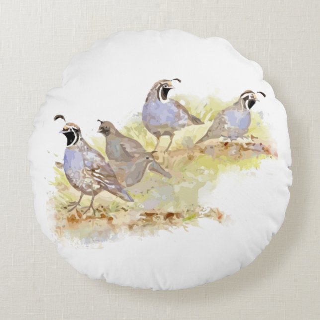 Coussins Ronds Aquarelle Californie Quail Bird Nature Art (Devant)