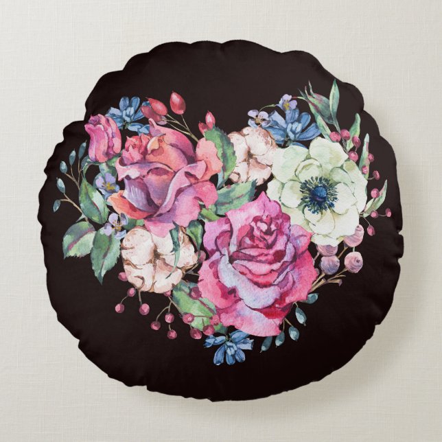Coussins Ronds Aquarelle coeur floral : roses vintages. (Devant)
