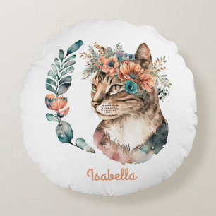 Coussins Ronds Aquarelle colorée sur mesure Chat Boho Floral