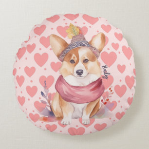 Coussins Ronds Aquarelle Corgi gallois Coeurs roses