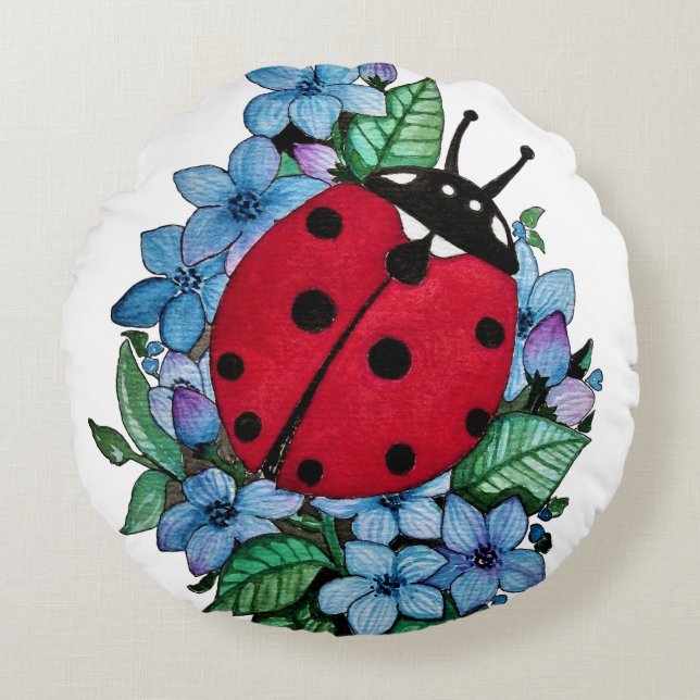 Coussins Ronds Aquarelle Cute Ladybug Avec Fleurs Bleues Sauvages (Devant)