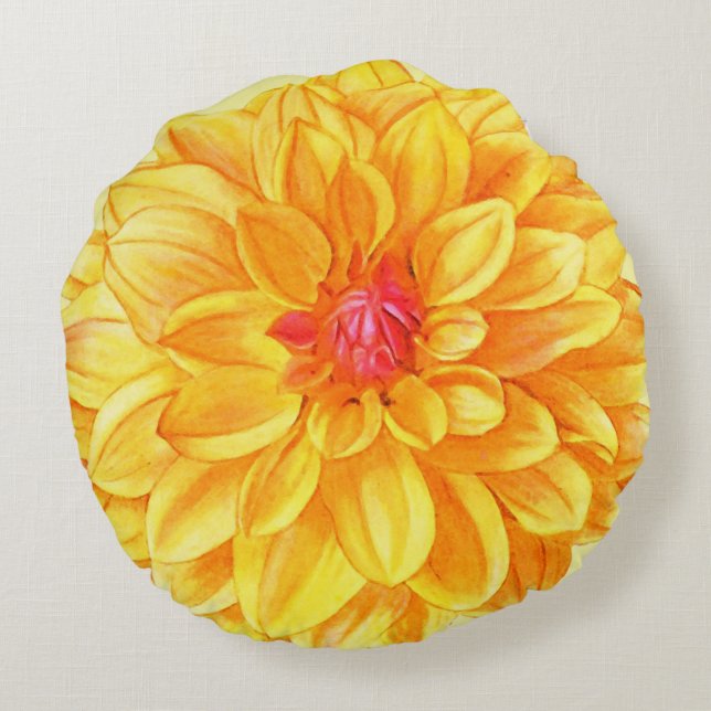 Coussins Ronds Aquarelle Dahlia jaune (Dos)