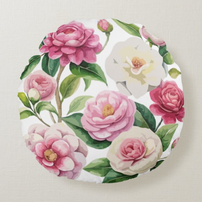 Coussins Ronds Aquarelle de Camellia (Devant)