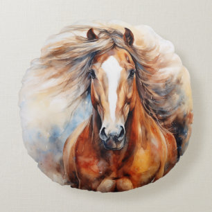 Coussins Ronds Aquarelle de cheval brun et blanc