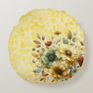 Coussins Ronds Aquarelle de fleurs jaunes et terrestres