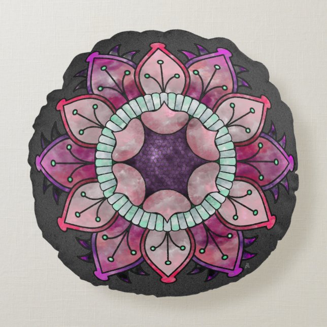 Coussins Ronds Aquarelle de fleurs Mandala - Berry Coloris sur Gr (Devant)