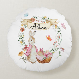 Coussins Ronds Aquarelle de Pâques de lapin rose personnalisée