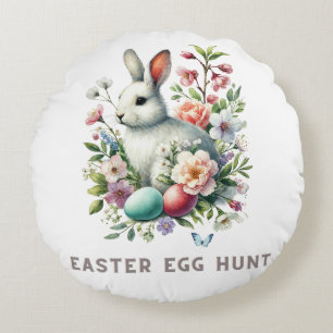 Coussins Ronds Aquarelle de Pâques Lapin & Fleurs
