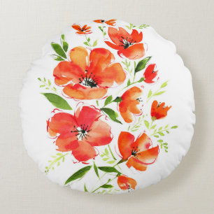 Coussins Ronds Aquarelle de pavot d'ornement : Bouquet isolé