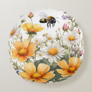 Coussins Ronds Aquarelle des abeilles fleurs sauvages et miel
