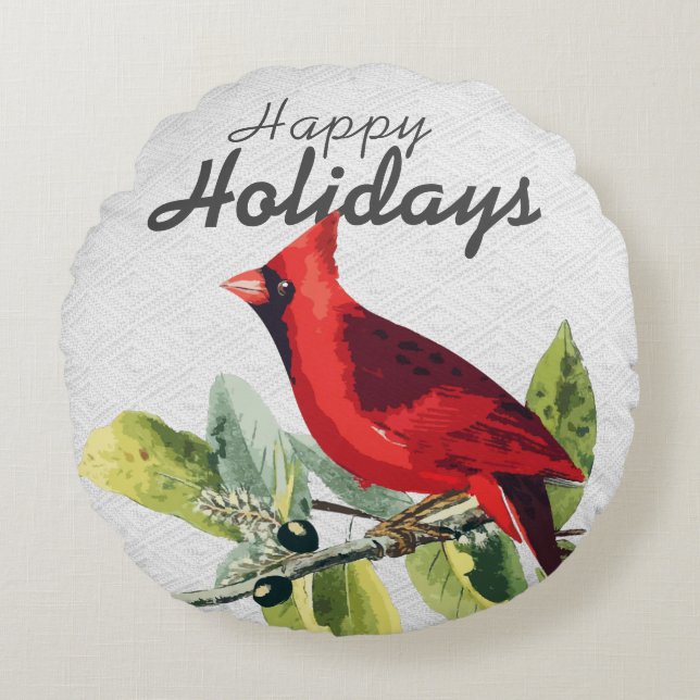 Coussins Ronds Aquarelle d'hiver Cardinal Joyeuses vacances (Devant)
