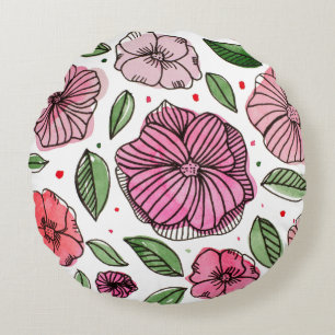 Coussins Ronds Aquarelle et fleurs d'encre - rose et vert