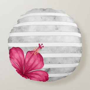 Coussins Ronds Aquarelle Fleur rose dans une bande noire et blanc