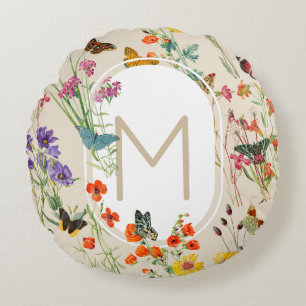 Coussins Ronds Aquarelle Fleurs sauvages & papillons Jardin Flora