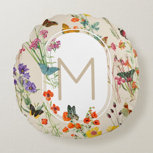 Coussins Ronds Aquarelle Fleurs sauvages & papillons Jardin Flora (Devant)