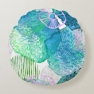 Coussins Ronds Aquarelle florale Abstraite bleu blanc rose