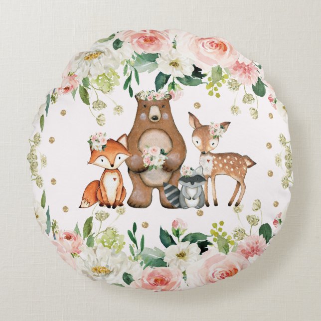 Coussins Ronds Aquarelle Florale Bois Animaux Fille Nursery (Devant)